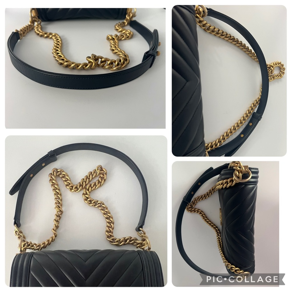 Authentic Chanel Medium Flap Lambskin Le Boy Chevron Navy & Brushed Gold - Picture 6 of 16